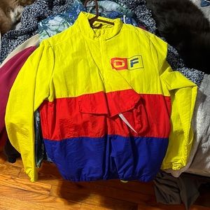 Red, blue, and yellow windbreaker
